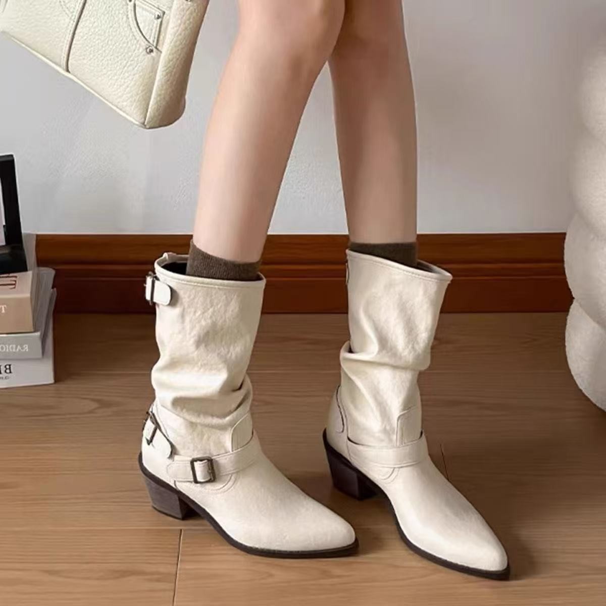 British Style Pointed Toe Thick Heel White Short Boots for Women 2025 New Belt Buckle Boots Elegant Mid-Calf Boots