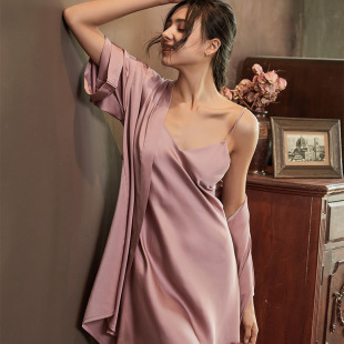 Ice Silk Summer Women's Pajamas Sling Two-piece Set Women's Thin Satin Kimono Nightgown Sexy Morning Gown Lace-up Bathrobe