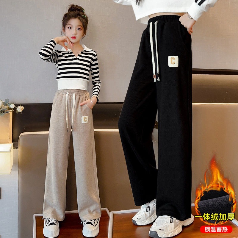 여자 캐주얼 스포츠 바지 기모 두꺼운 2024 가을 겨울 소녀 기모 스웨트 팬츠