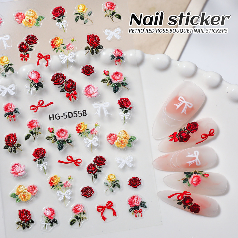 Wholesale 5D Nail Stickers Flower Art Decorations Decals Nail Art Retro Red Rose Nail Stickers Hg Model Wholesale 5D Nail Stickers Flower Art Decorations Decals Nail Art Retro Red Rose Nail Stickers Hg Model