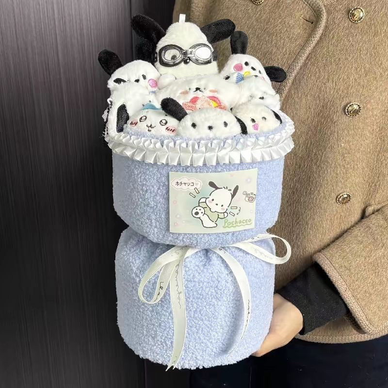 Blue aviator pochacco bouquet + gift bag + greeting card