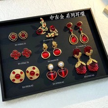 新年红色系高级感中古风琉璃耳饰925银轻奢玫瑰花几何耳环饰品女