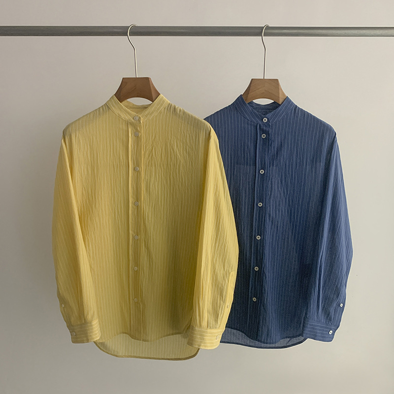 Airy and Relaxed Vibe, Loose-Fitting Cotton Shirt with a Small Stand-Up Collar and Stripes, Button-Up Batwing Sleeve Top for Spring and Autumn Airy and Relaxed Vibe, Loose-Fitting Cotton Shirt with a Small Stand-Up Collar and Stripes, Button-Up Batwing Sleeve Top for Spring and Autumn