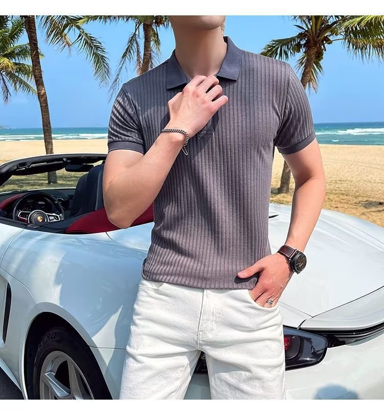 Camicia in polp intrecciato a righe estive 2023 T-shirt in seta di ghiaccio Versatile tinta unita comoda manica corta - stampabile Tiktok_voghion.com