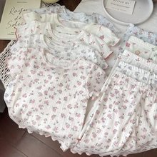 韩版薄款棉镂空碎花短袖七分裤睡衣套装空调服透气家居服两件套