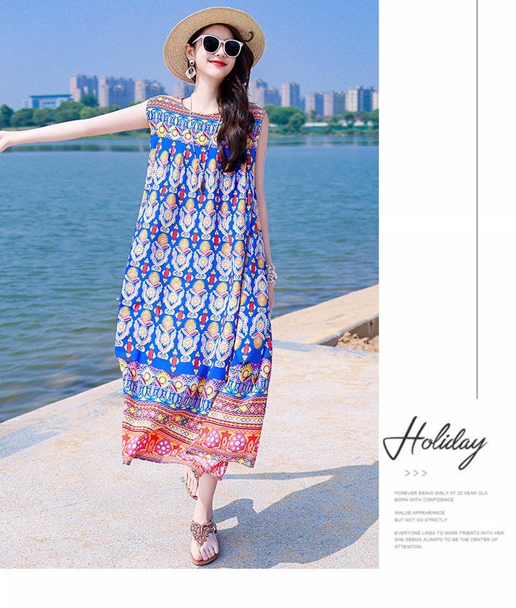 2025 New Cross-Border Plus Size Bohemian Beach Long Cotton Floral Women's Summer Dress_ecoleips.com
