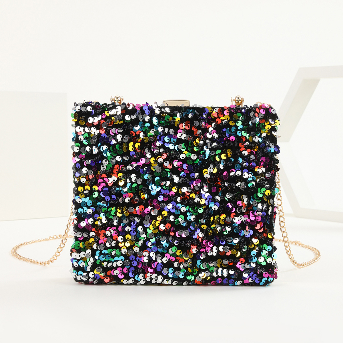 Black Colour Gold Polyester Solid Color Sequins Square Evening Bags display picture 3