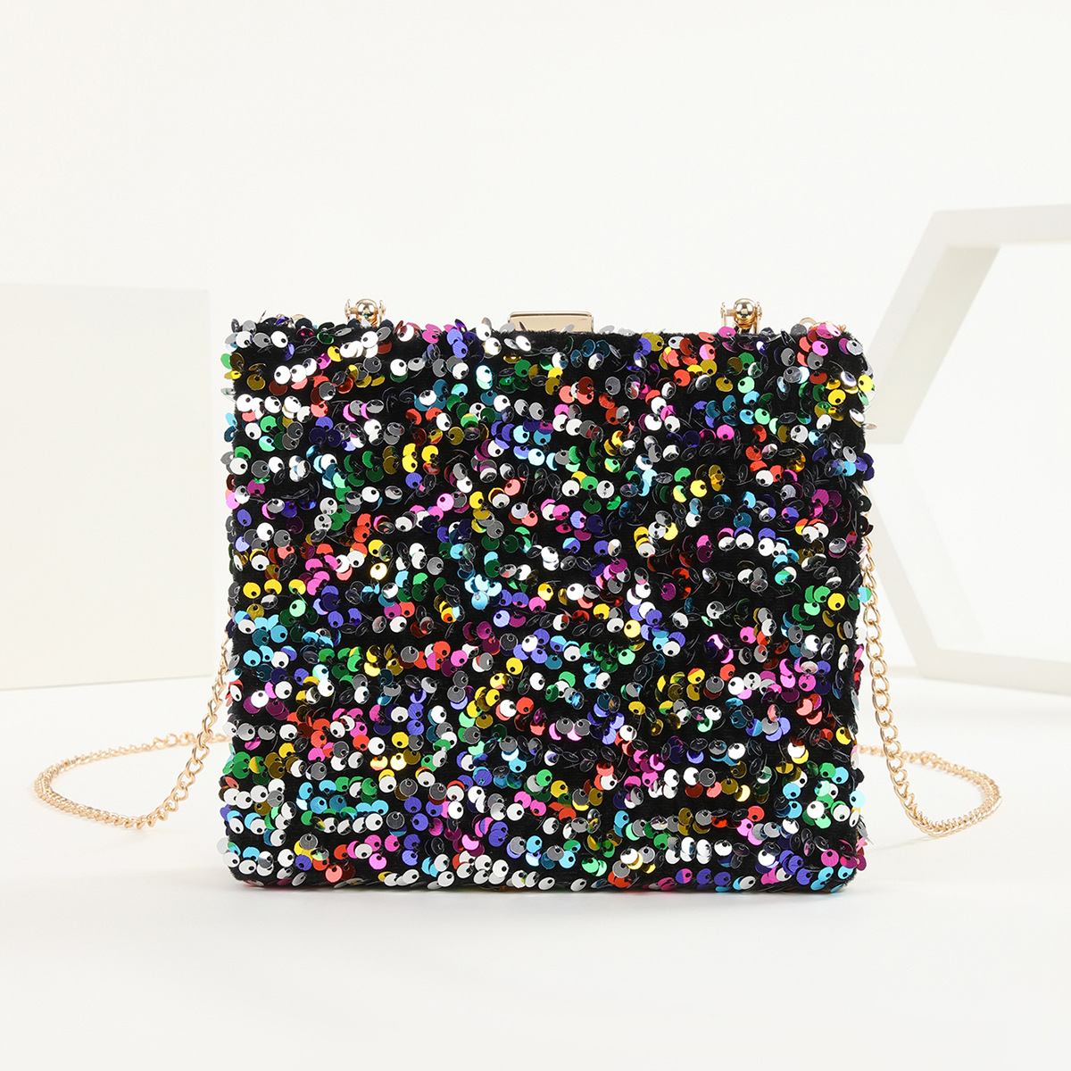 Solid Color Pattern All Seasons Season Women'S Gender Black Colour Gold Polyester Solid Color Sequins Square Evening Bags