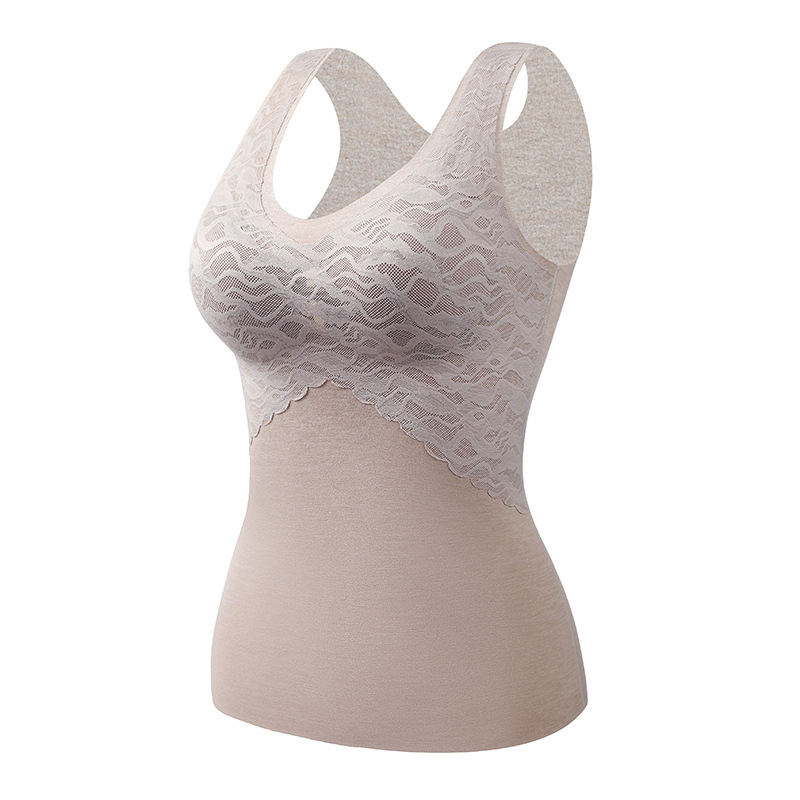 Ropa interior térmica de seda autocalentadora de terciopelo sin costuras para mujeres con almohadilla en el pecho engrosada chaleco térmico de terciopelo de encaje interior