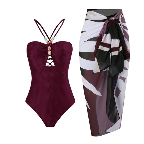 2025 Solid Color One-Piece Women's Swimsuit Set European and American French Retro Belly Covering Slimming Swimwear