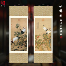 名家仿古画郎世宁双鹤图蟠桃松鹤延年仙鹤挂画丝绸字画