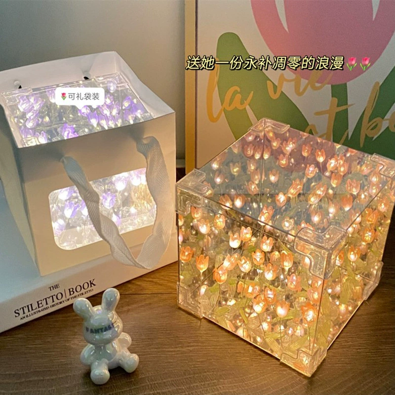 Glass Night Light Cube, Battery LED Flower String, 2–3 m, Giftable Birthday Decor
