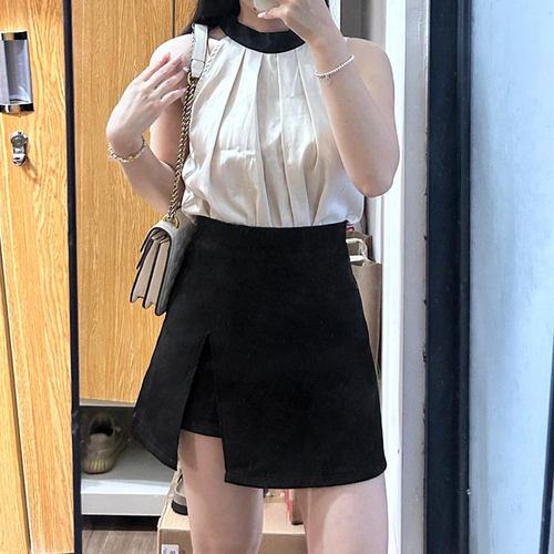 Black split suit and short skirt, women's summer large size fat mm, belly-covering, slimming pear shaped figure, high-waist a-line skirt