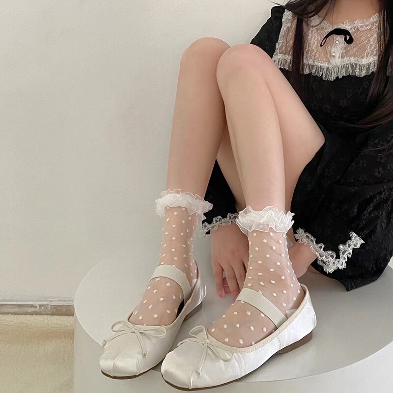 Lace Lace Mid-Length Socks Children's Mesh Gauze Poll-Dot Wood-Ear Thin Japanese Glass Silk Crystal Chanel Style Socks
