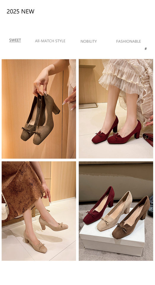 Giày cao gót nữ mũi vuông gót dày 6–8 cm thiết kế thanh lịch có nơ — màu kaki, màu nâu, rượu vang đỏ chi tiết 2