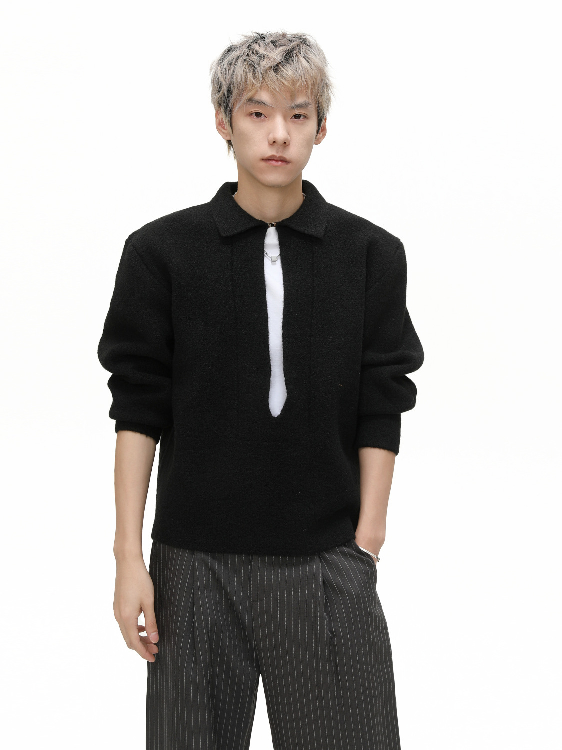 MTLCLOTHES Hombres| Nicho profundo V-collar hoodie moda lana sólida blusa suéter casual perezoso