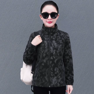 跨境专供春秋紫色迷彩印花外套女立领夹克中年妈大码休闲防风上衣