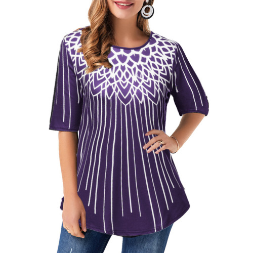 Geometric Print Round Neck T-Shirt with Five-Button Sleeve - European and American Independent Station