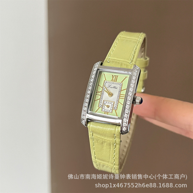 Scottie Super Popular Apple Green Classic Rectangular Roman Watch for Women with Small Second Hand, Genuine Leather Wristwatch with Hong Kong Style Elegance