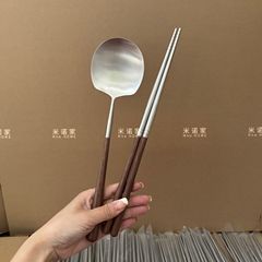 ミノ家304ステンレス胡桃木家庭用分食スプーン長箸セット商用レストランスプーン公箸分食