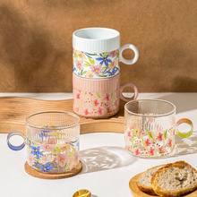 潮佰 春季花卉典雅马克杯玻璃杯高硼硅家用咖啡杯陶瓷杯早餐杯