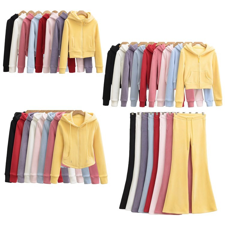 Slim-Fit Short Hooded Fleece Sweatshirt Jacket and Fleece Sweatpants Set for Women, Autumn and Winter Flared Pants with Zipper Hoodie Wholesale