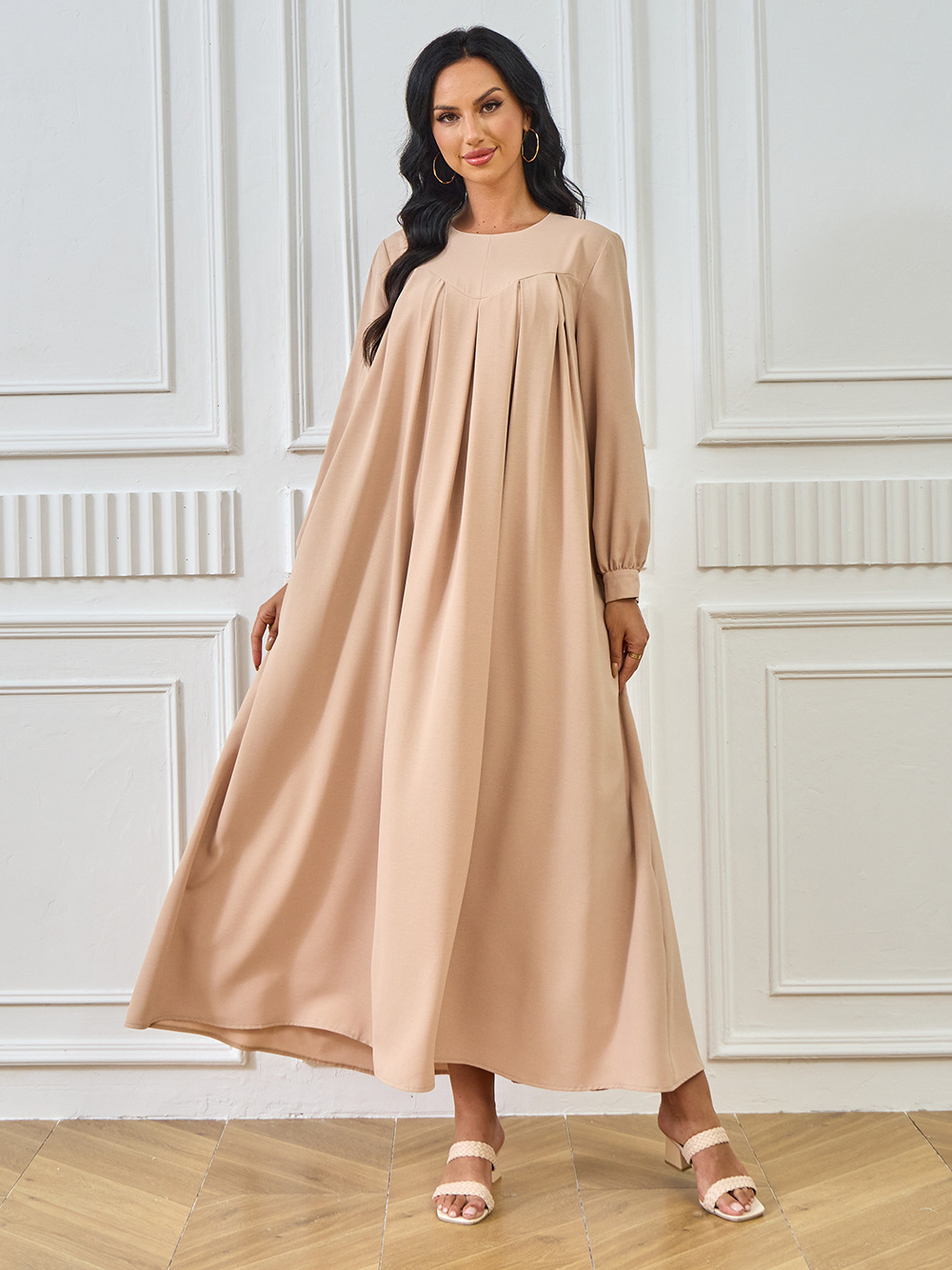 New Abaya Arab Cross-border Middle Eastern Muslim Robe Long-sleeved Solid Color Large Hem Dress Long Skirt Women's_ecoleips.com