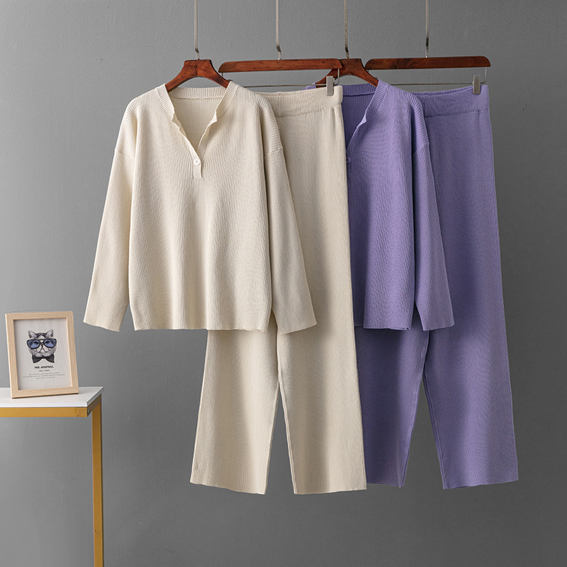 Cross-Border Russian Solid Color Set Ribbed Fashion Set V-Neck Fashion Sweater + Loose Knit Casual Sweatpants