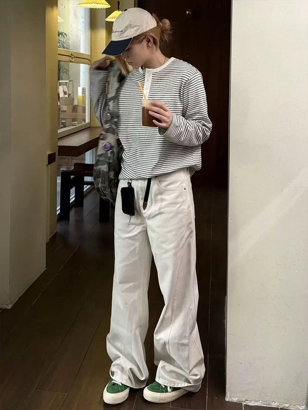 美式复古条纹亨利领长袖T恤男款通勤基础内搭打底衫白色正肩上衣|undefined