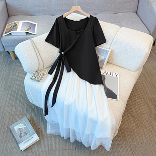65-175kg Plus Size Women's Fat mm Summer New Style Gentle Style Splicing Asymmetrical Design Contrasting Color Dress