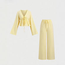 新款舒适高级感条纹宽松系带上衣休闲两件套百搭长袖甜美时尚套装