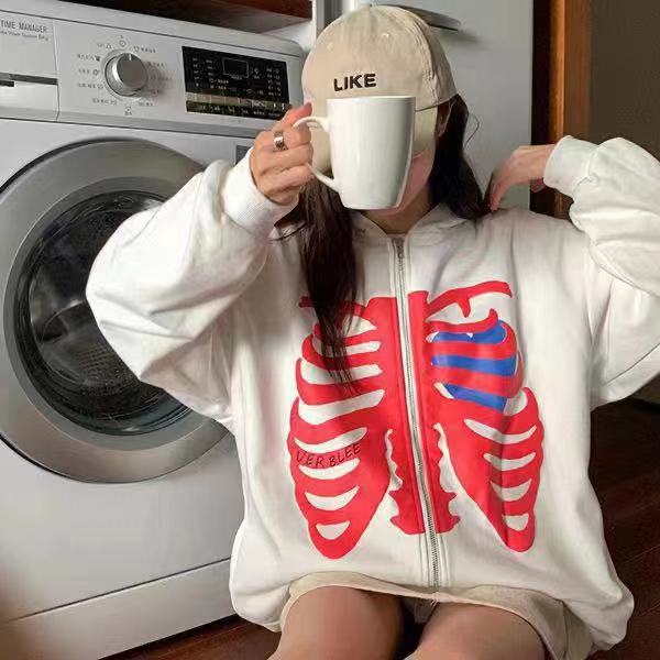 2023 New Cardigan Sweatshirt Side Pocket Skull Chest Bone Print Spring Autumn Fleece Hoodie Jacket_voghion.com