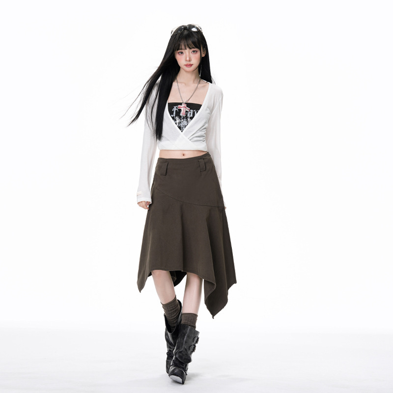 New Olive Brown Retro Sexy High-Waisted Asymmetrical Skirt Women's Design A-Line Long Skirt