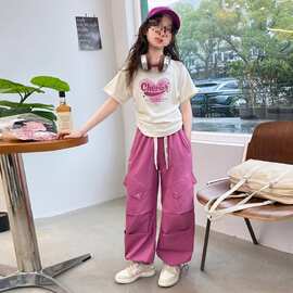 女童夏季工装裤套装2025新款中大童韩版洋气抽绳T恤长裤两件套潮