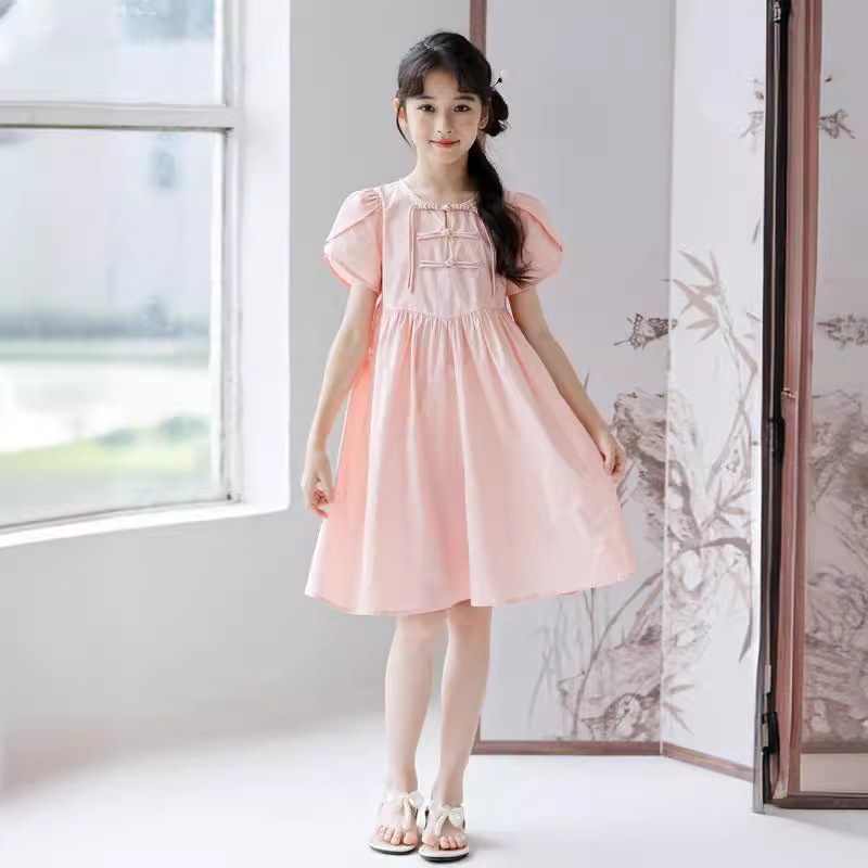 Girls Summer Dress New Chinese Style dress 2024 New Chinese Style Princess Dress Summer Large Children's Buckle Skirt