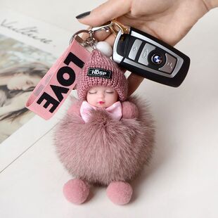 Sleeping Doll Real Fox Fur Ball Pendant Doll Women's Mobile Phone Bag Accessories Car Keychain Plush Pendant
