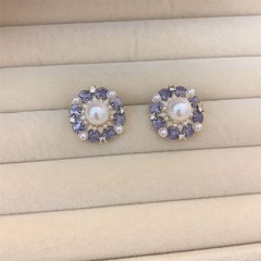 フレンチバロックパールイヤリングシルバー針レトロ紫色の花のイヤリング女性のエナメル幾何学的なラウンドイヤリング卸売
