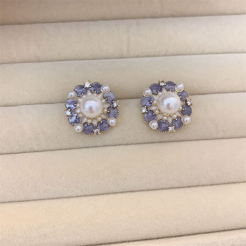 フレンチバロックパールイヤリングシルバー針レトロ紫色の花のイヤリング女性のエナメル幾何学的なラウンドイヤリング卸売|undefined