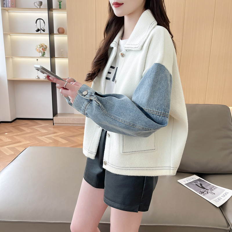 牛仔拼接毛呢外套2025年秋季新款慵懒时尚开衫翻领长袖撞色上衣女|undefined