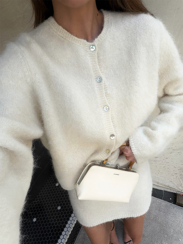 Bộ áo len cardigan dáng rộng và chân váy ngắn ôm nữ phong cách Âu Mỹ, chất liệu len pha mềm mại — Màu trắng, Màu đỏ thẫm, Xanh đậm, màu xám chi tiết 2