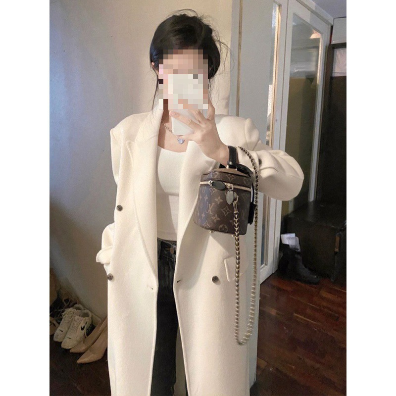 High-end White Suit Collar Woolen Coat for Small Women Autumn and Winter Loose Mid-length Thickened Woolen Coat