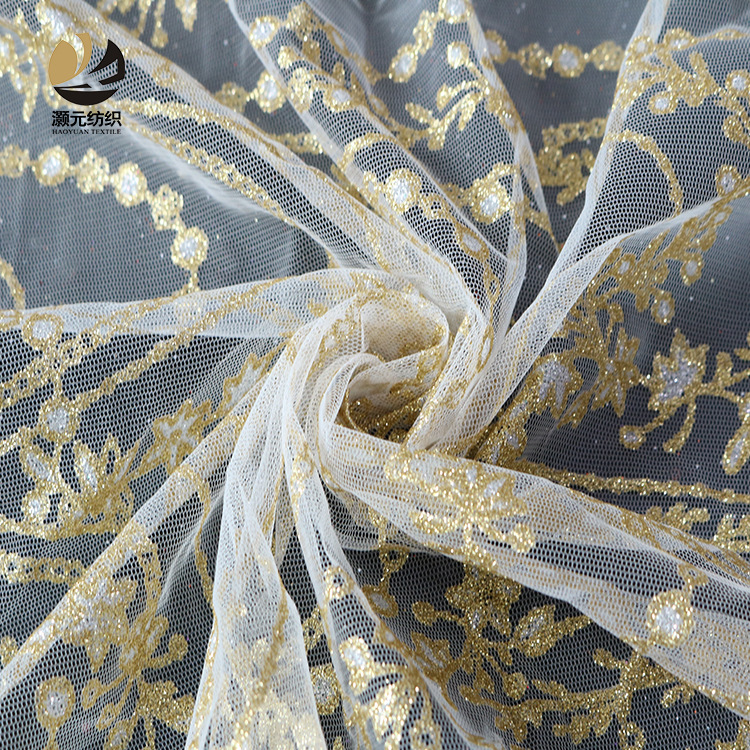 Fabricante directo vestido de boda impresión de oro tela de cadena de poliéster malla buena solidez vestido de noche tela de moda