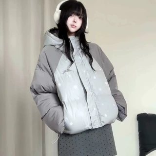 通勤风拼接撞色连帽羽绒棉服女冬季星星字母加厚保暖面包服外套潮