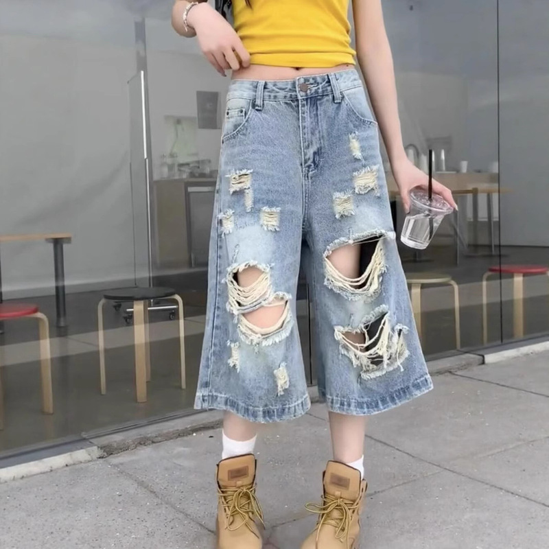 Plus Size Trendy Design Ripped Jeans for Women, Summer Thin Loose American Street Fashion Versatile Cropped Pants