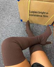 2021秋冬新款时装飞织过膝靴 wish亚马逊瘦腿弹力高跟高筒长靴女