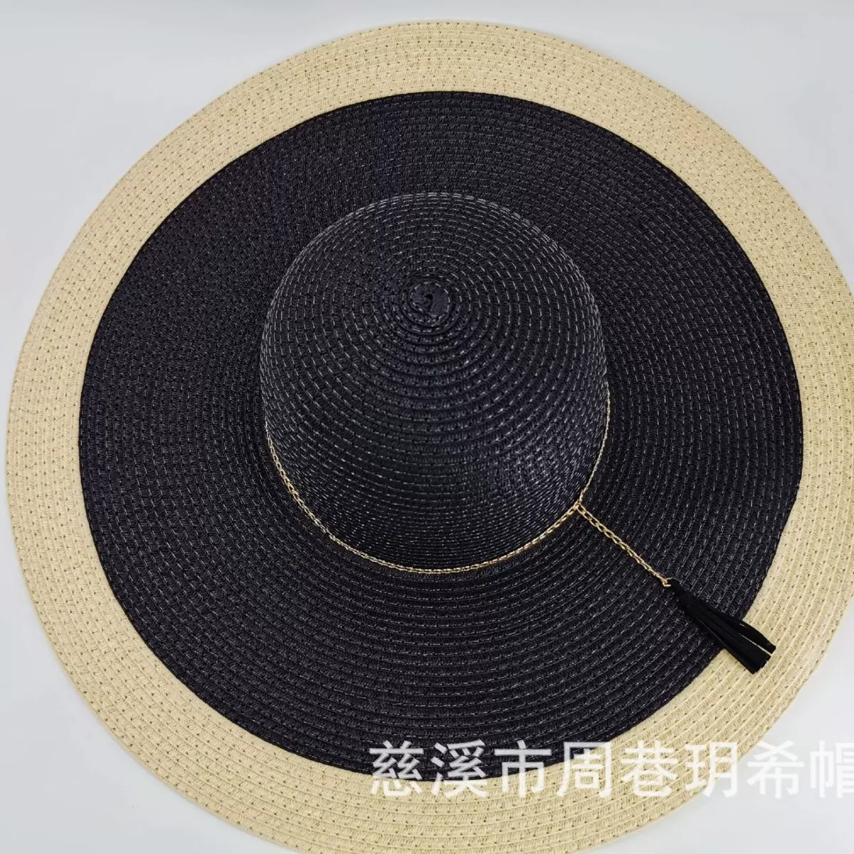 欧美百搭大沿草帽 拼色e韩版光身金属流苏圆顶大檐帽成人帽沙滩帽