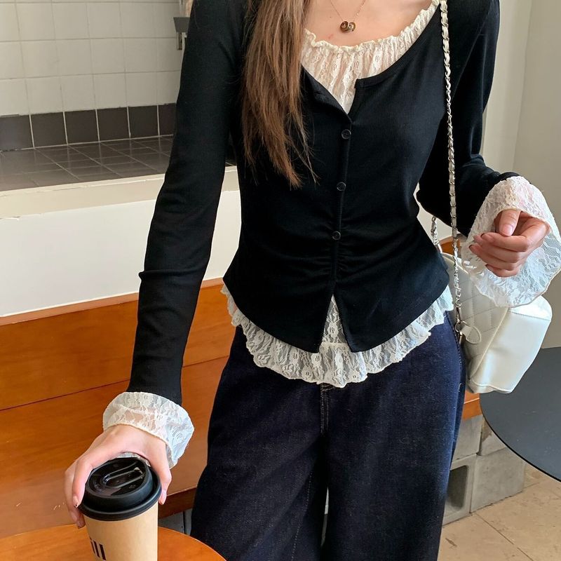 大码女装胖mm2025秋季韩系穿搭蕾丝拼接上衣假两件内搭打底衫T恤|undefined