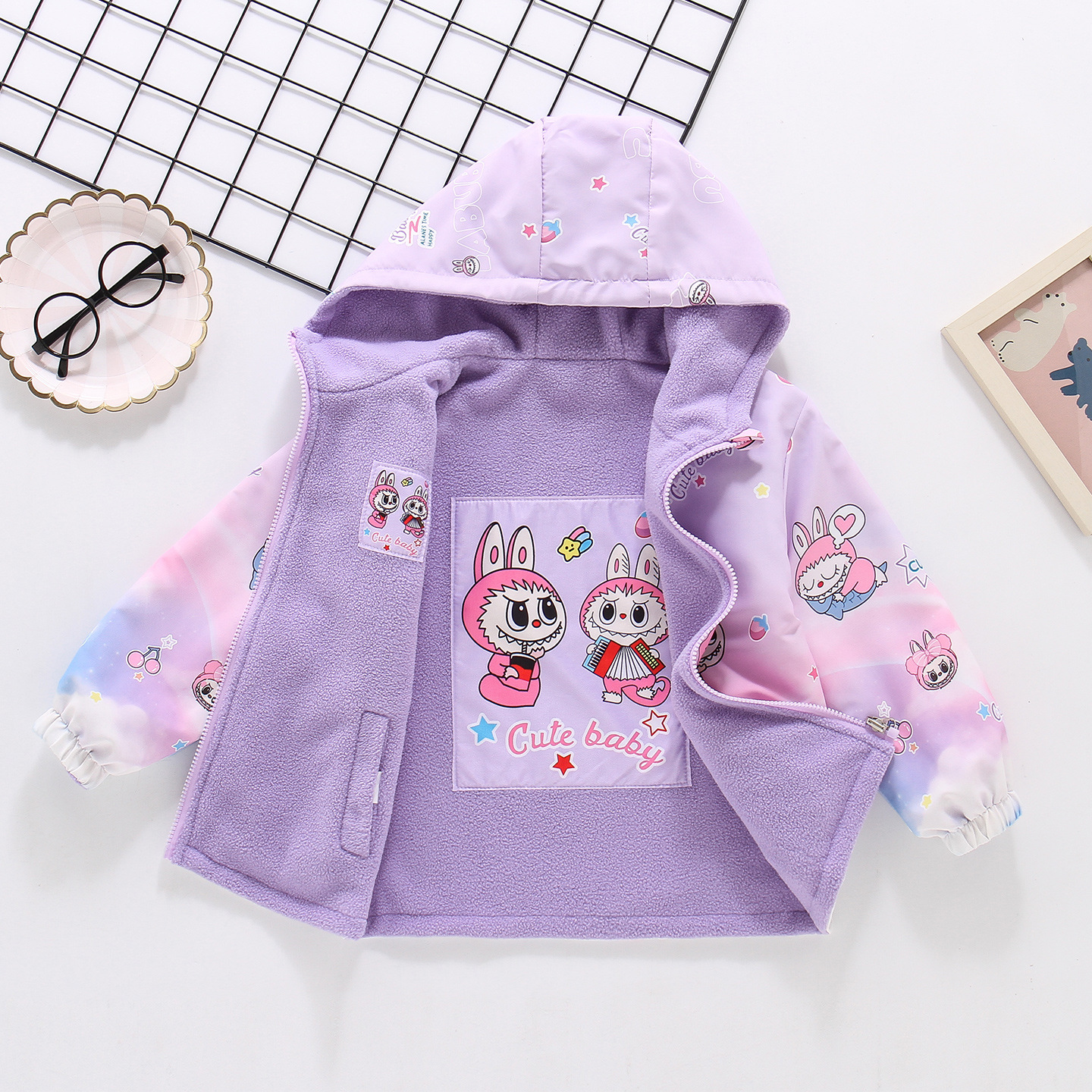 Girls' autumn coat, reversible, children's autumn and winter double-sided windbreaker, thick and fleece-lined, stylish for medium and large children.
