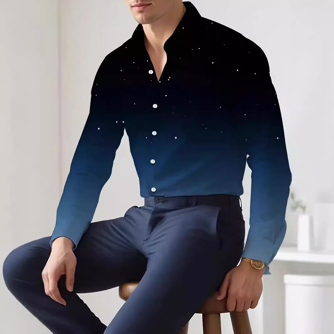 Hombres europeos y americanos 2024 nueva moda suelta degradada camisa de manga larga top se puede usar afuera MB12