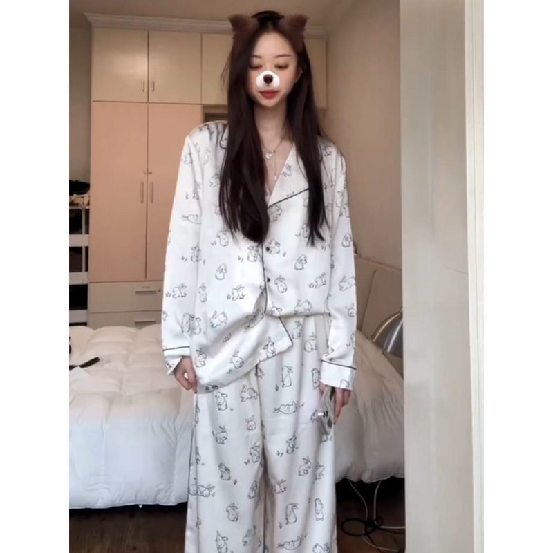 하이 엔드 파자마 여성의 봄과 가을 아이스 실크 긴팔 바지 학생 내부 외부 착용 실크 홈 웨어 얇은 세트